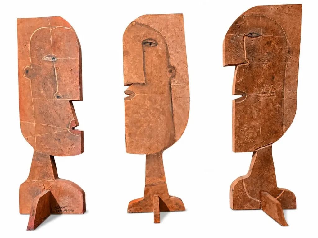 Arturo Morin, 3 Sentinels (Double Painted Heads) Tryptic